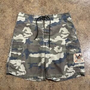 Vintage Y2k Mossimo Boardshorts Size 34 Camo Green Surf Beach Swim Trunks